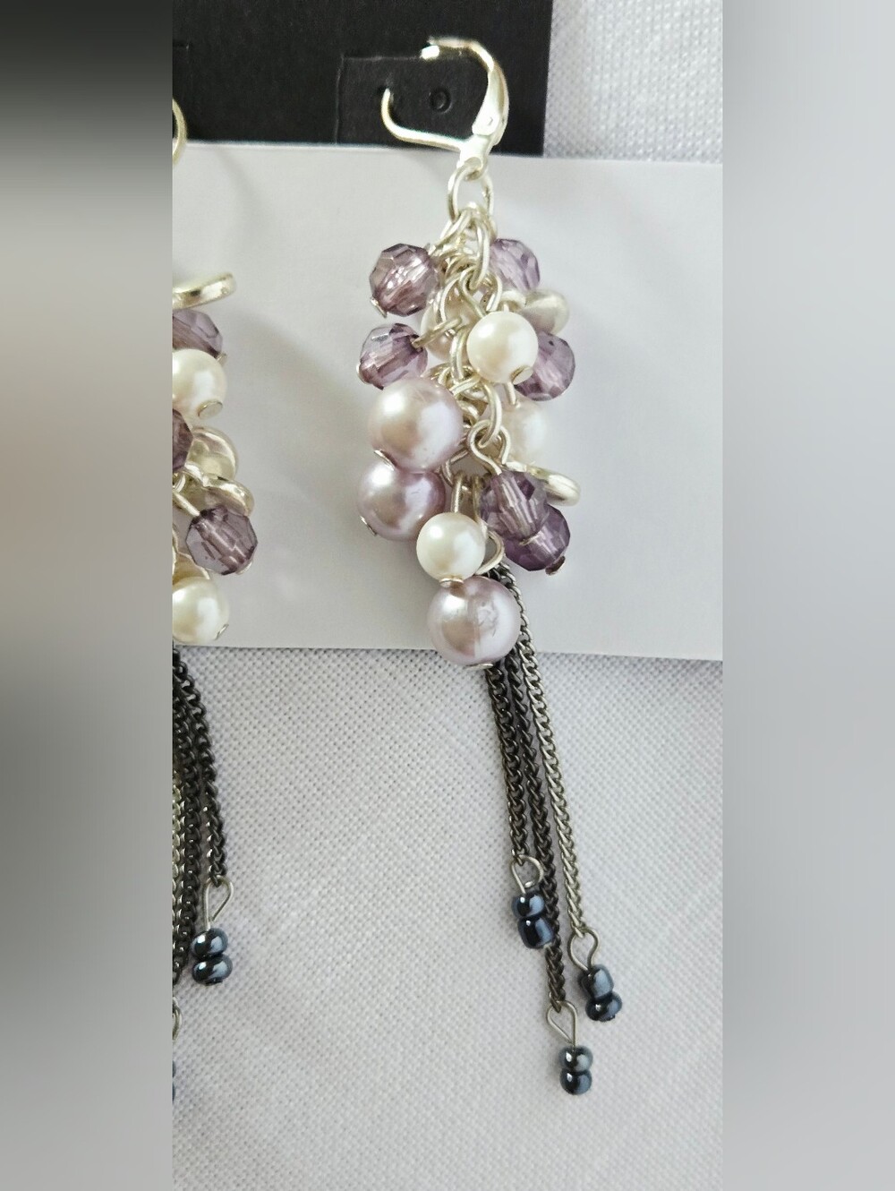 Vintage Fuax Pearl & Purple White Bead Cluster Dangle Earrings - Picture 8 of 16